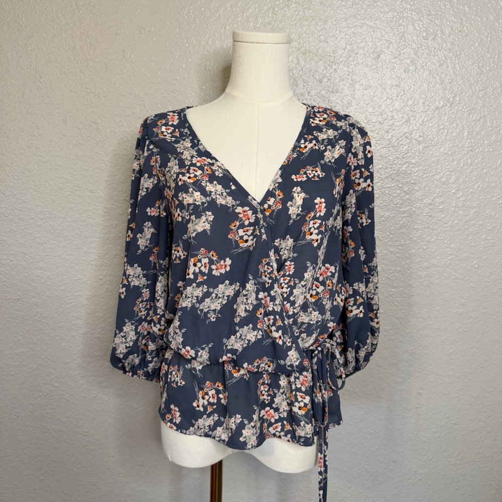 Sienna Sky Navy Floral Wrap Blouse Size M | Long Sleeve V-Neck Peplum Top